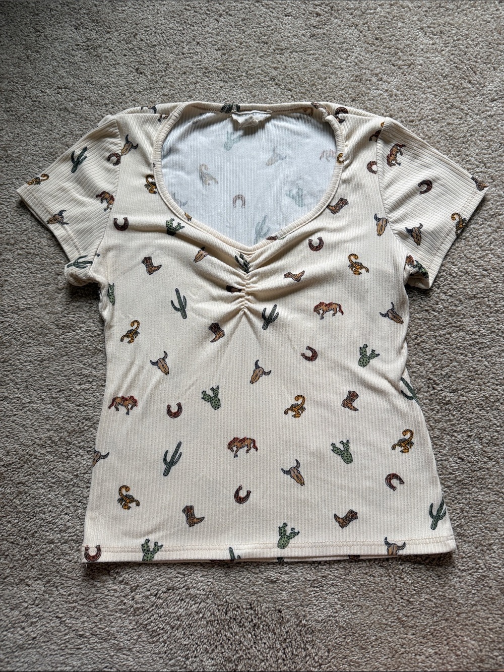 See You Monday Cream Western-Print Ruched V-Neck Tee